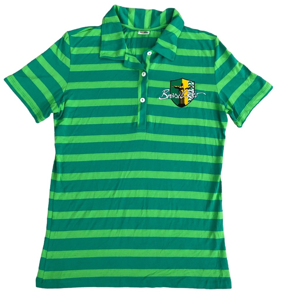 Brasil Rio Striped Collared Green Patch Polo Shir… - image 1